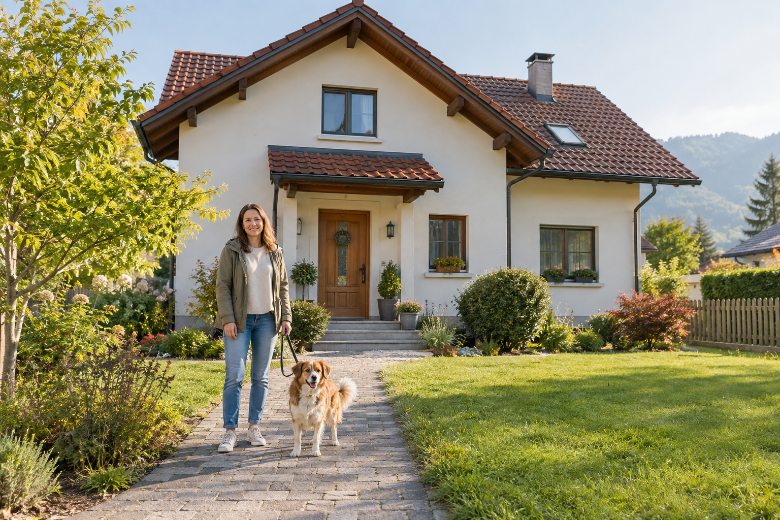 Frau mit Hund vor einem Wohnhaus mit Garten