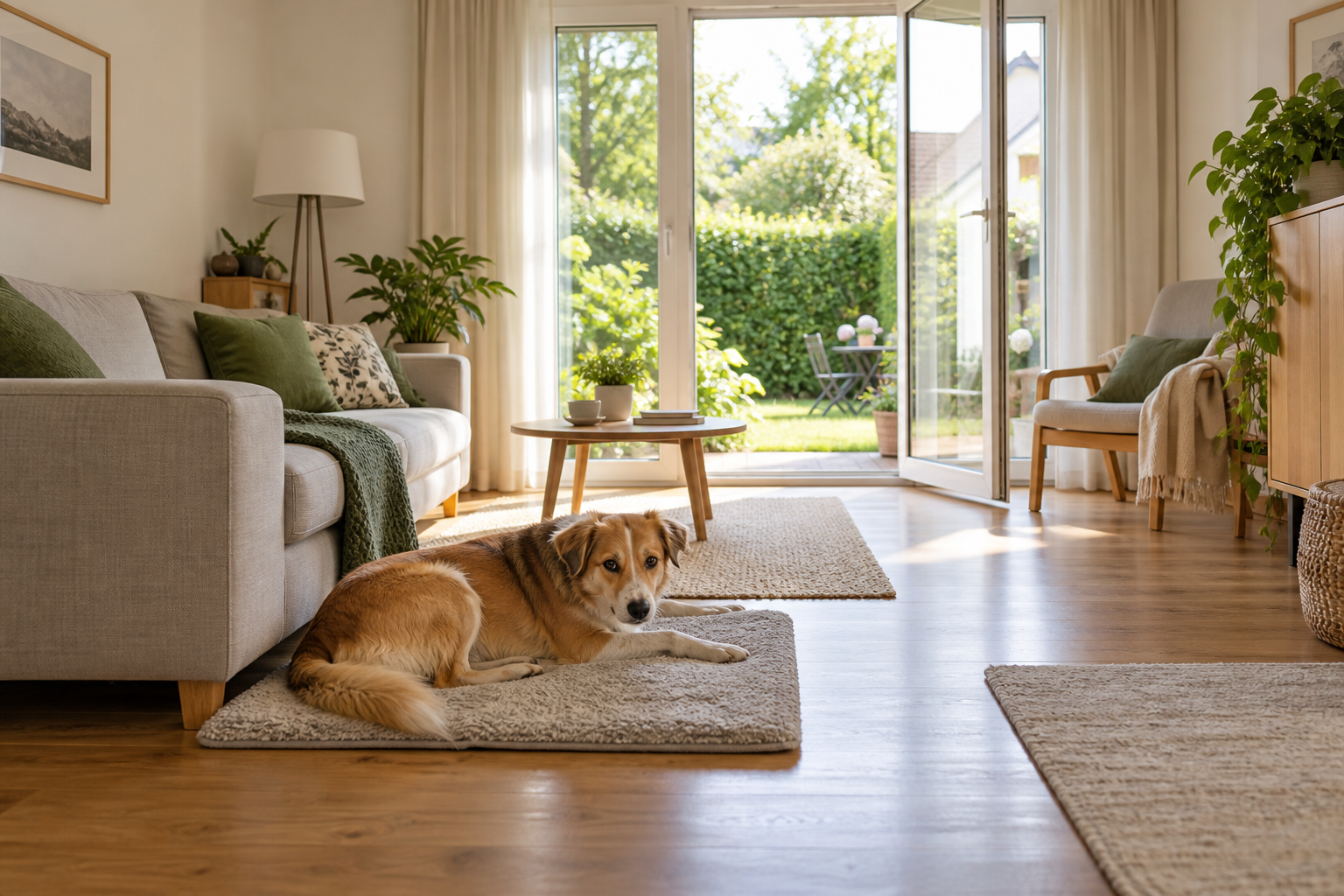 Hund auf einer Matte im hellen Wohnraum mit Gartentür